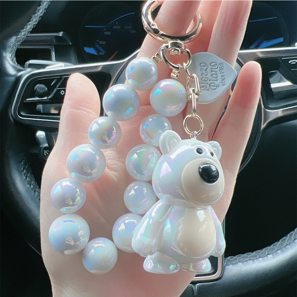 Adorable Iridescent Bear Keychain with "LOVE" Heart Tag - Acrylic Cartoon Charm, Fit for Couples & Bag Decoration, Bear Jewelry